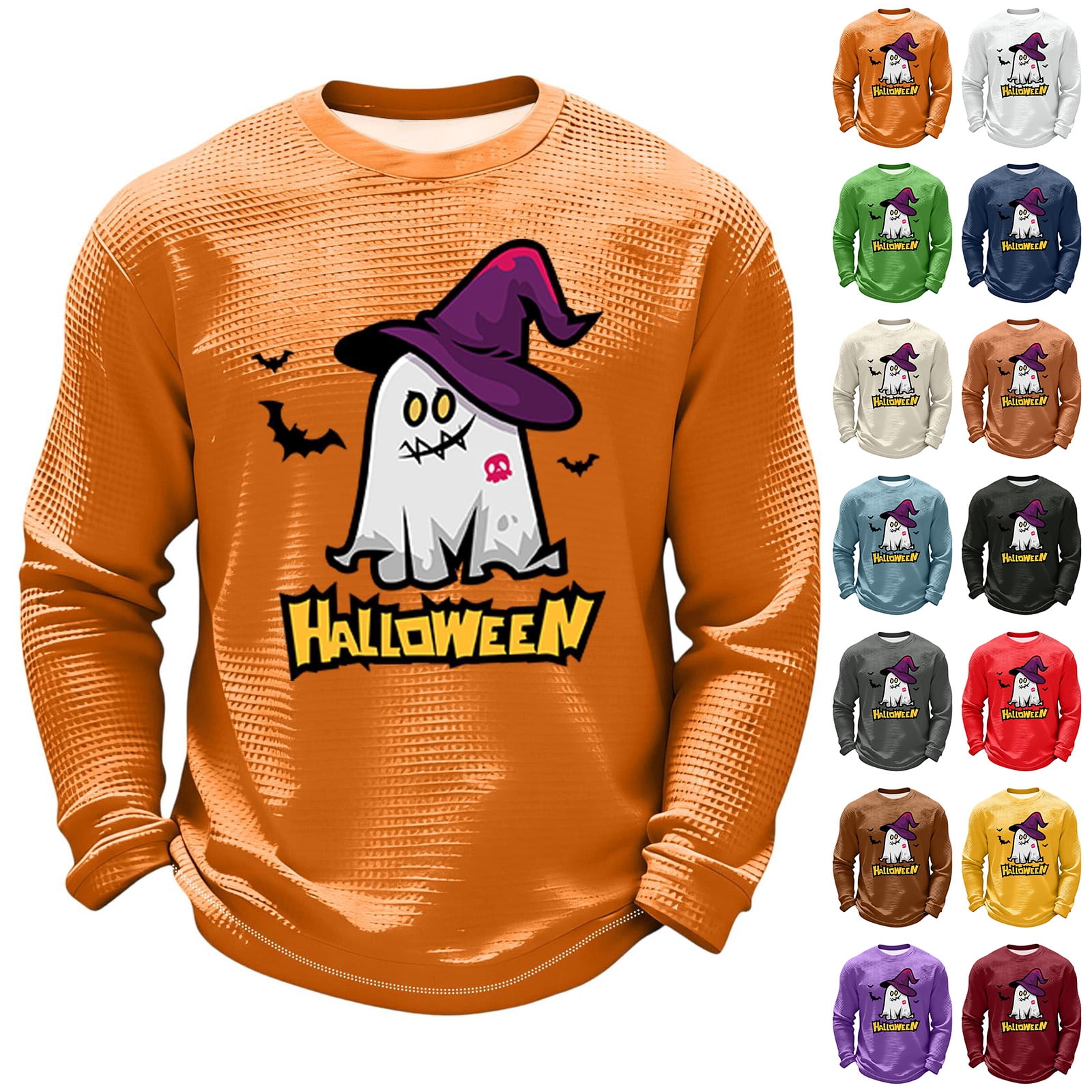 Hearthz S-5XL Ghost Jack-O Bat Print Big and Tall Sweatshirts for Men Waffle Knit Men's Dress Shirts Long Sleeve Halloween Fall Lightweight Pullover Men
