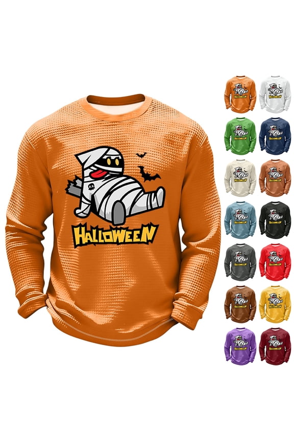 S-5XL Ghost Jack-O Bat Print Mens Sweatshirt Waffle Knit Men's Long Sleeve Shirts Halloween Fall Mens Pullover Sweater