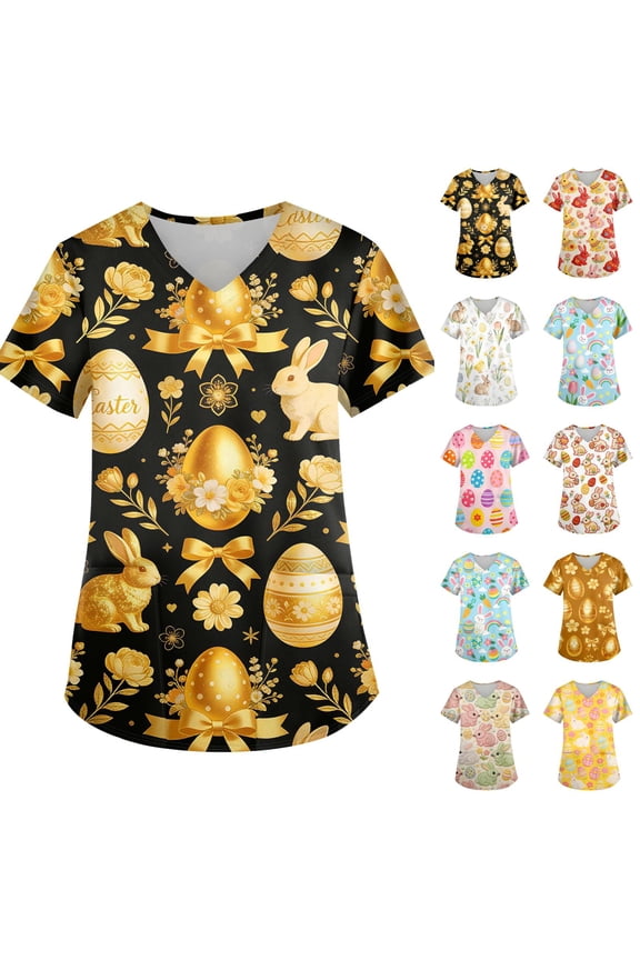 S-5XL Plus Size Easter Scrub Shirts for Women Funny Egg Graphic Scrub Shirts for Women V Neck Short Sleeve Nurse Uniform with Pockets
