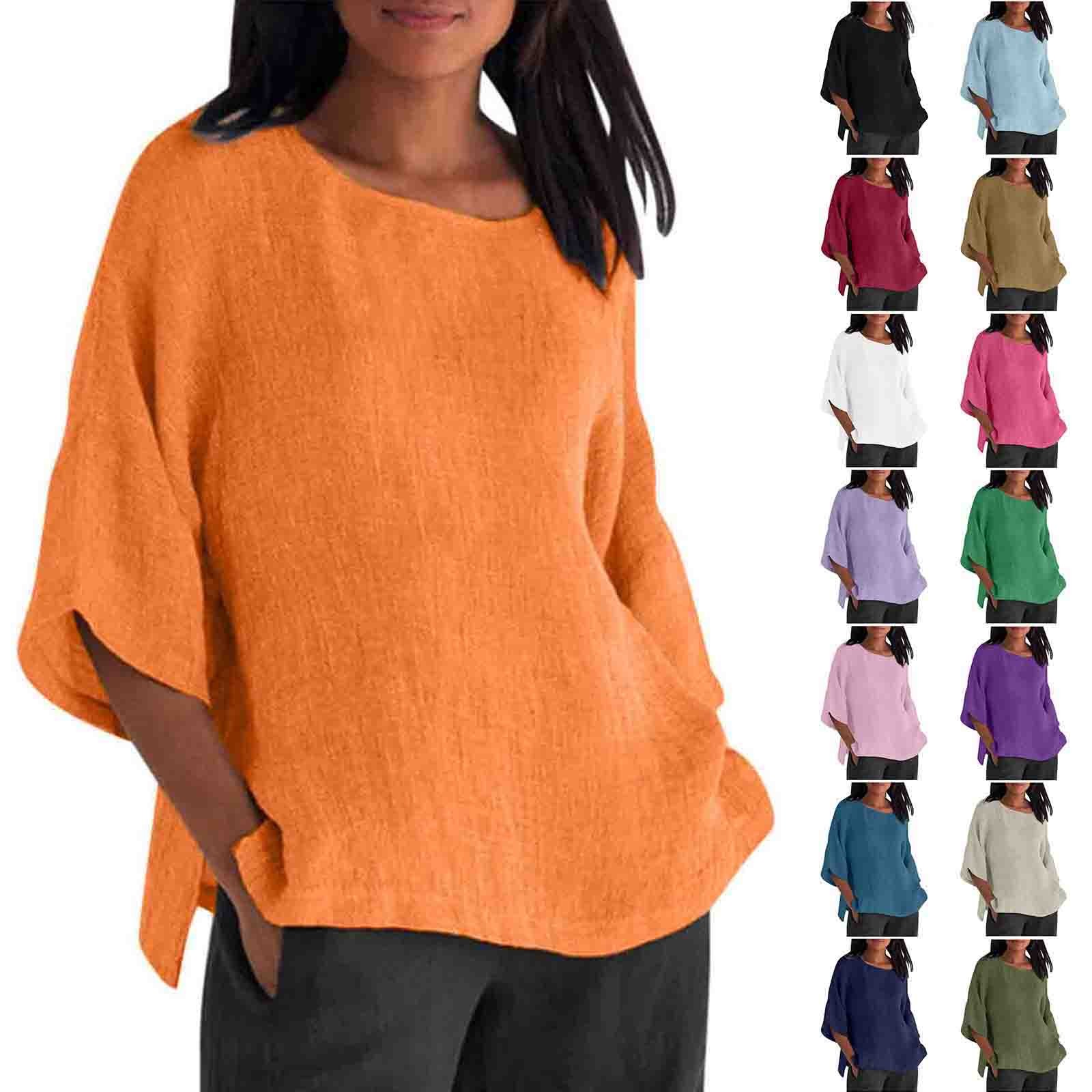 Hearthz S-5XL Plus Size Women Linen Shirts Crew Neck 3/4 Sleeve T ...