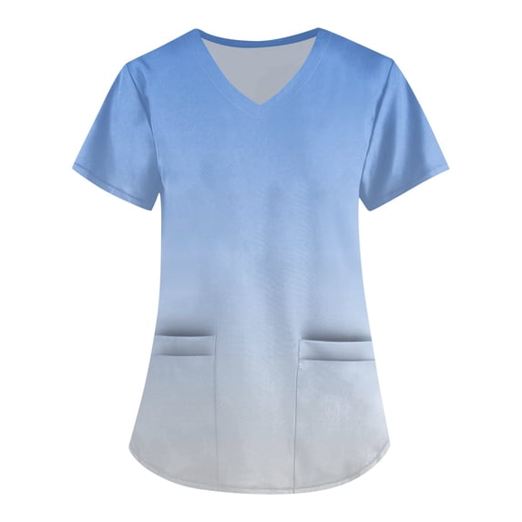 Hearthz S-5XL Tie-Dye Gradient Scrub Tops for Women Plus Size Scrub Shirts for Women V Neck Short Sleeve Nurses Working Uniforms with Pocket