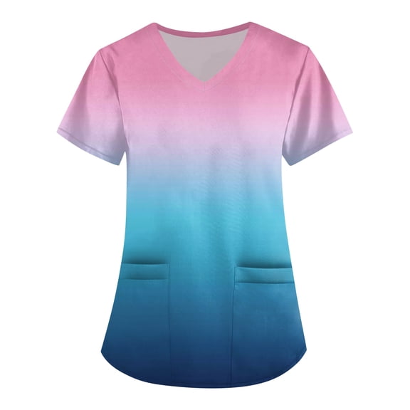 Hearthz S-5XL Tie-Dye Gradient Scrub Tops for Women Plus Size Scrubs Shirts for Women V Neck Short Sleeve Women Nurse Uniform with Pocket