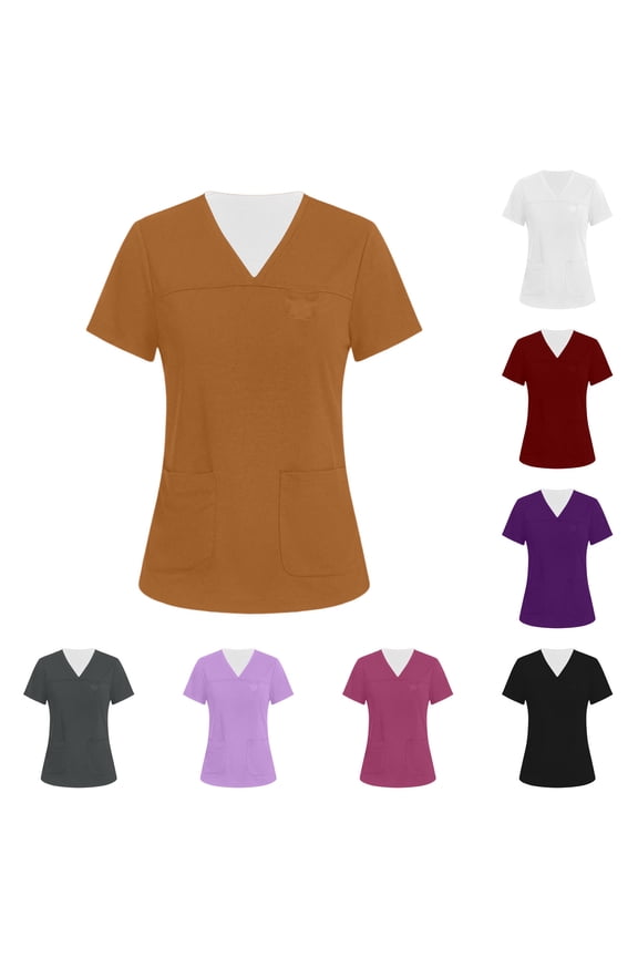 S-5XL Under Scrubs for Women Plus Size V Neck Short Sleeve Nurses Working Uniforms with Pocket