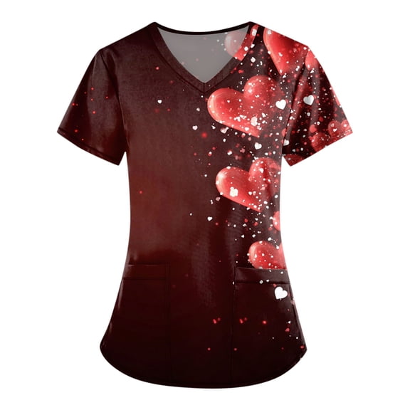 Hearthz S-5XL Valentine Day Scrub Tops Women Love Heart Graphic Scrub Shirts for Women V Neck Short Sleeve Nurses Working Uniforms with Pocket