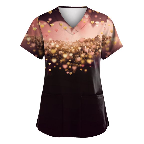 Hearthz S-5XL Valentine Day Scrub Tops Women Love Heart Graphic Scrub Top Women V Neck Short Sleeve Nurse Uniform with Pocket