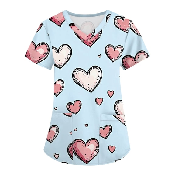 Hearthz S-5XL Valentine Day Scrub Tops Women Love Heart Graphic Scrub Top Women V Neck Short Sleeve Nurse Uniforms with Pocket