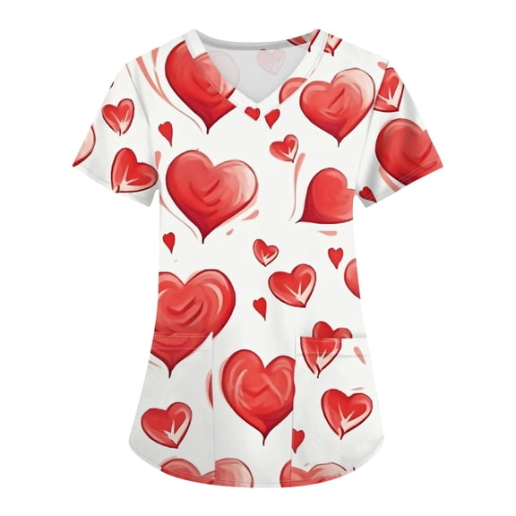 Hearthz S-5XL Valentine Day Scrub Tops Women Love Heart Graphic Womens Scrub Tops Print V Neck Short Sleeve Nurse Uniforms with Pocket