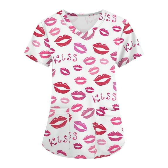 Hearthz S-5XL Valentine Day Scrub Tops Women Love Heart Graphic Womens Scrubs Top Workwear V Neck Short Sleeve Nurse Uniforms with Pocket