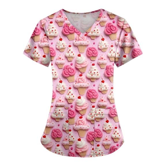 Hearthz S-5XL Valentine Day Scrub Tops for Women Love Heart Graphic Scrub Top for Woman V Neck Short Sleeve Nurse Uniform with Pocket
