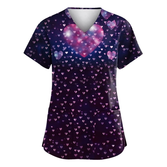 Hearthz S-5XL Valentine Day Scrub Tops for Women Love Heart Graphic Scrubs Top for Women V Neck Short Sleeve Nurse Uniform with Pocket