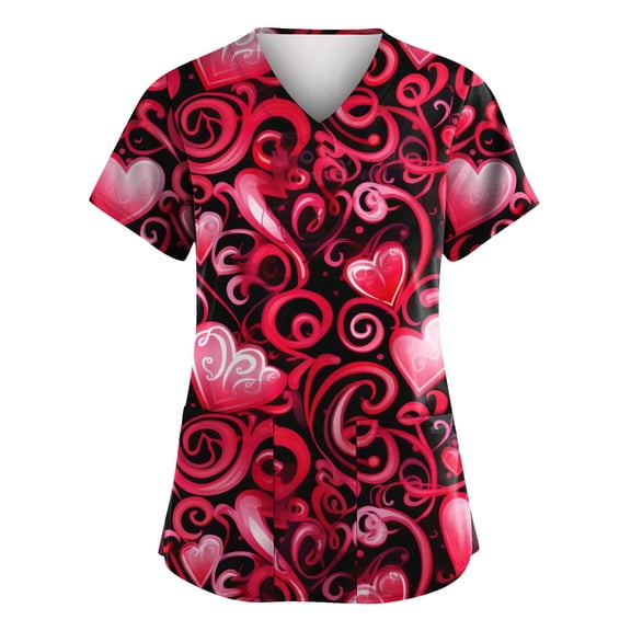Hearthz S-5XL Valentine Day Scrub Tops for Women Love Heart Graphic Workwear Scrubs Women V Neck Short Sleeve Nurse Working Uniforms with Pocket