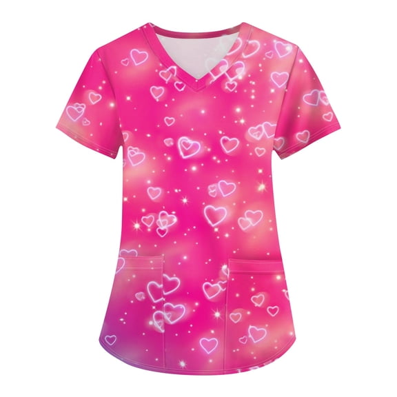Hearthz S-5XL Valentine Day Scrubs for Women Love Heart Graphic Scrubs for Women V Neck Short Sleeve Nurses Working Uniforms with Pocket