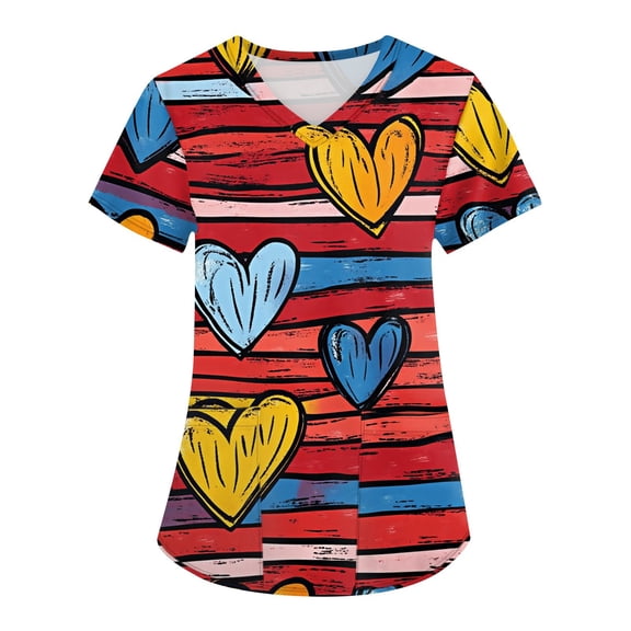 Hearthz S-5XL Valentine Day Scrubs for Women Love Heart Graphic Womens Scrub Tops Printed V Neck Short Sleeve Nurse Uniforms with Pocket