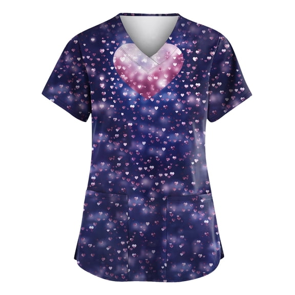 Hearthz S-5XL Valentine Day Scrubs for Women Love Heart Graphic Womens Scrubs Top Workwear V Neck Short Sleeve Nurses Working Uniforms with Pocket