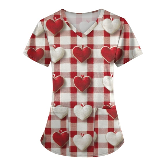 Hearthz S-5XL Valentine Scrub Tops Women Love Heart Graphic Scrub Top Women V Neck Short Sleeve Nurse Uniforms with Pocket