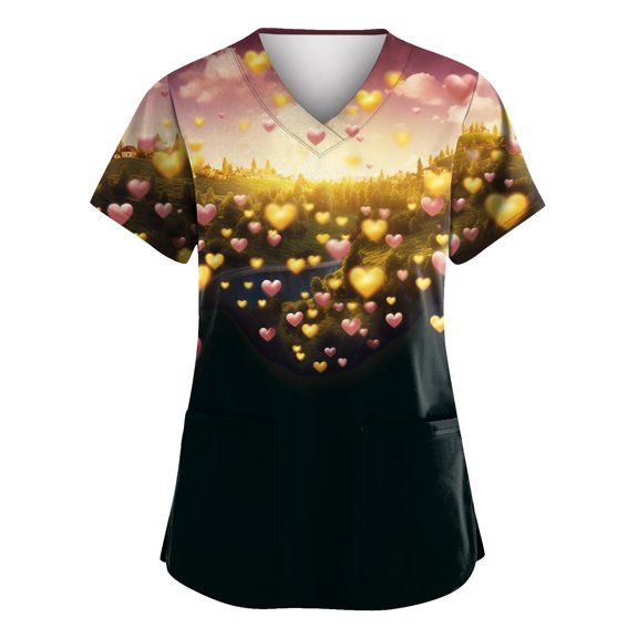 Hearthz S-5XL Valentine Scrub Tops Women Love Heart Graphic Scrub Tops V Neck Short Sleeve Nurse Uniforms with Pocket