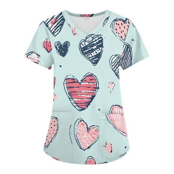 Hearthz S-5XL Valentine Scrub Tops Women Love Heart Graphic Scrub Tops Women V Neck Short Sleeve Nurses Working Uniforms with Pocket