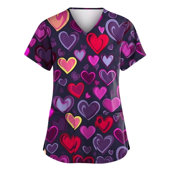 Hearthz S-5XL Valentine Scrub Tops Women Love Heart Graphic Top Scrubs for Women V Neck Short Sleeve Nurses Working Uniforms with Pocket