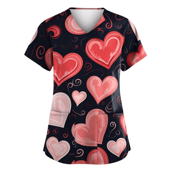 Hearthz S-5XL Valentine Scrub Tops Women Love Heart Graphic Womens Scrubs Tops V Neck Short Sleeve Nurses Working Uniforms with Pocket