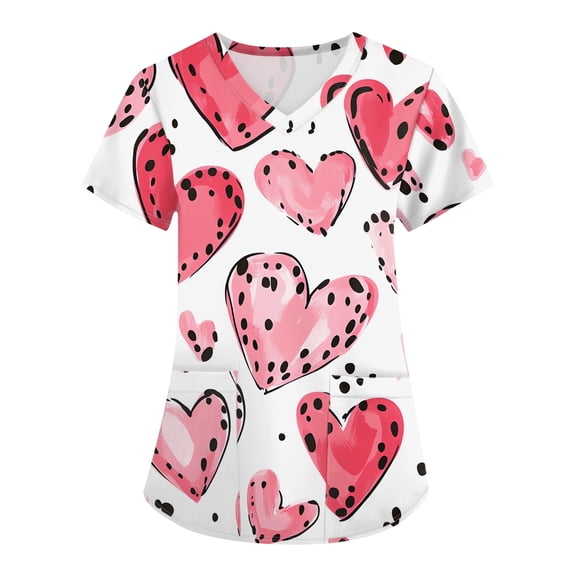 Hearthz S-5XL Valentine Scrub Tops for Women Love Heart Graphic Scrub Tops Women V Neck Short Sleeve Nurse Working Uniforms with Pocket