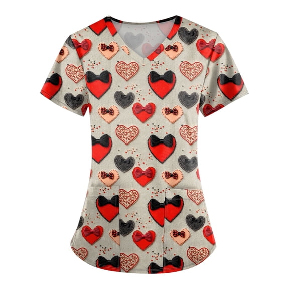 Hearthz S-5XL Valentine Scrub Tops for Women Love Heart Graphic Scrubs Tops V Neck Short Sleeve Nurse Working Uniforms with Pocket