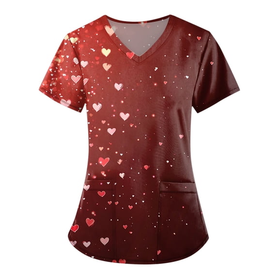 Hearthz S-5XL Valentine Scrub Tops for Women Love Heart Graphic Scrubs for Women V Neck Short Sleeve Nurse Uniforms with Pocket