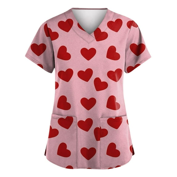 Hearthz S-5XL Valentine Scrub Tops for Women Love Heart Graphic Scrubs for Women Workwear V Neck Short Sleeve Nurses Working Uniforms with Pocket