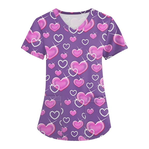 Hearthz S-5XL Valentine Scrub Tops for Women Love Heart Graphic Women Scrub Tops V Neck Short Sleeve Nurse Uniforms with Pocket