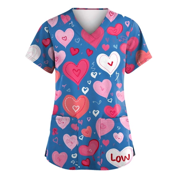 Hearthz S-5XL Valentine Scrub Tops for Women Love Heart Graphic Womens Scrubs Top Workwear V Neck Short Sleeve Nurses Working Uniforms with Pocket