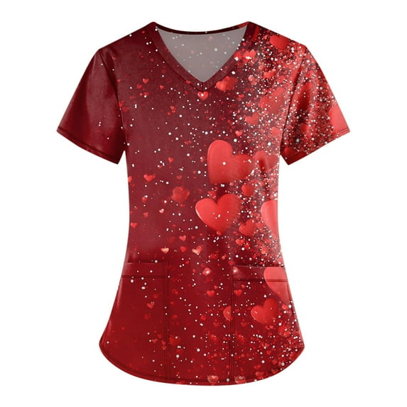Hearthz S-5XL Valentine Scrubs Tops for Women Love Heart Graphic Scrubs Top for Women V Neck Short Sleeve Nurse Uniform with Pocket
