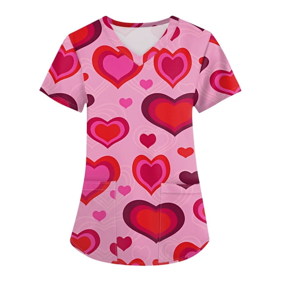 Hearthz S-5XL Valentine Scrubs Tops for Women Love Heart Graphic Scrubs for Women V Neck Short Sleeve Nurse Uniforms with Pocket