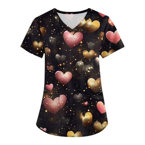 Hearthz S-5XL Valentine Scrubs Tops for Women Love Heart Graphic Womens Scrub Tops V Neck Short Sleeve Nurse Working Uniforms with Pocket
