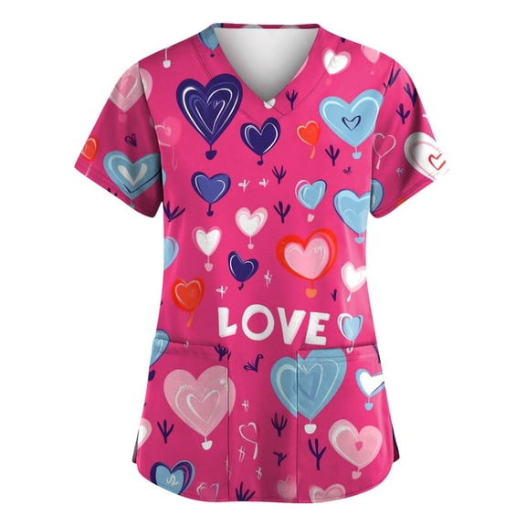 Hearthz S-5XL Valentine Scrubs Tops for Women Love Heart Graphic Womens Scrubs V Neck Short Sleeve Nurse Working Uniforms with Pocket