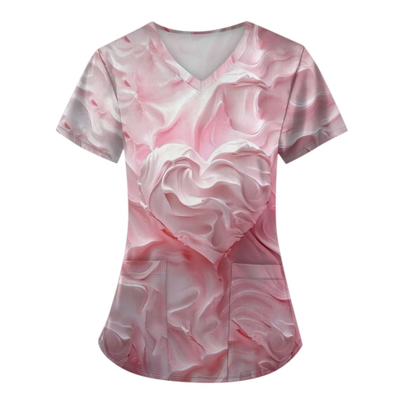 Hearthz S-5XL Valentine Scrubs for Women Love Heart Graphic Scrub Shirts for Women V Neck Short Sleeve Nurse Working Uniforms with Pocket
