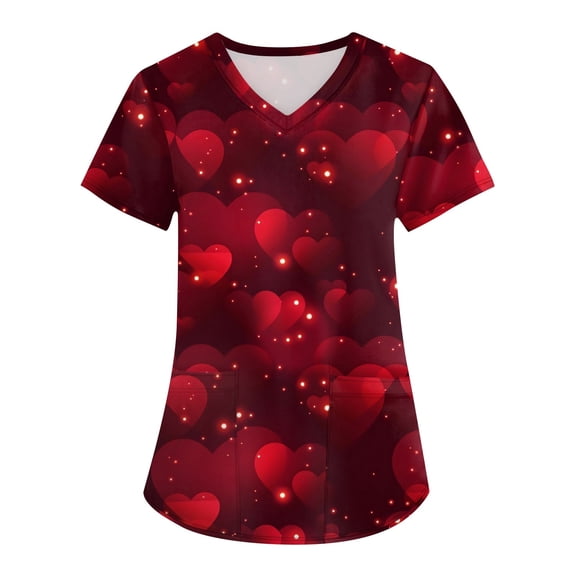 Hearthz S-5XL Valentine Scrubs for Women Love Heart Graphic Scrubs Top V Neck Short Sleeve Nurse Uniforms with Pocket