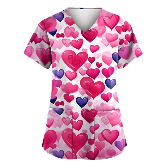 Hearthz S-5XL Valentine Scrubs for Women Love Heart Graphic Scrubs Tops V Neck Short Sleeve Nurses Working Uniforms with Pocket