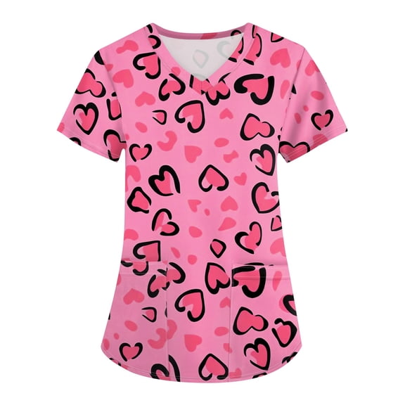 Hearthz S-5XL Valentine Scrubs for Women Love Heart Graphic Women Scrub Top V Neck Short Sleeve Nurse Uniform with Pocket