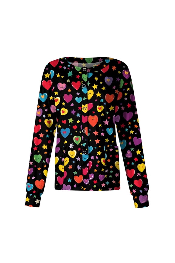 S-5XL Valentines Day Nurse Jackets for Women Scrub Long Sleeve Snap Front Holiday Scrub Top Women Love Heart Graphic Women’s Nurse Uniforms with Pocket