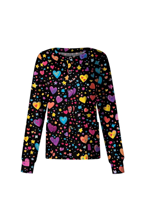 S-5XL Valentines Day Nurse Jackets for Women Scrub Long Sleeve Snap Front Holiday Womens Scrub Tops Love Heart Graphic Women Nurse Uniform with Pocket