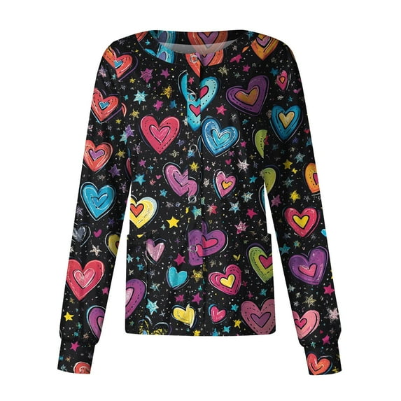 Hearthz S-5XL Valentines Day Nurse Jackets for Women Scrub Long Sleeve Snap Front Holiday Scrub Tops Love Heart Graphic Nurse Uniforms with Pocket