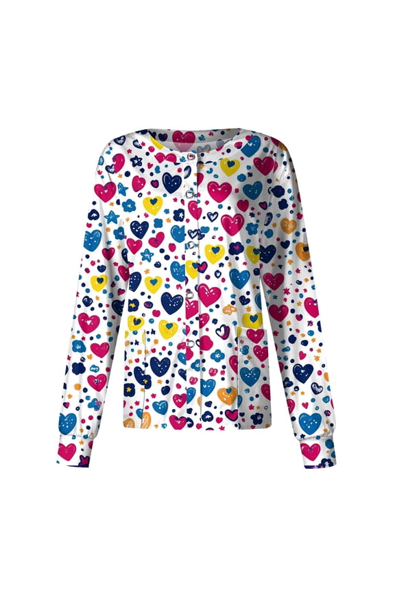 S-5XL Valentines Day Nursing Jackets for Women Long Sleeve Snap Front Holiday Scrub Tops for Women Love Heart Graphic Nurse Working Uniforms with Pocket