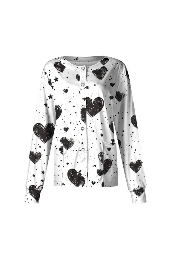 S-5XL Valentines Day Nursing Jackets for Women Long Sleeve Snap Front Holiday Scrub Tops for Women Love Heart Graphic Nurses Working Uniforms with Pocket