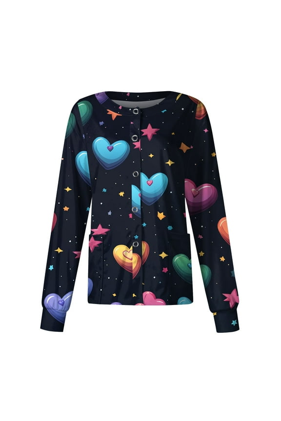 S-5XL Valentines Day Scrub Jacket Women Long Sleeve Snap Front Holiday Scrub Tops for Women Love Heart Graphic Nurse Working Uniforms with Pocket