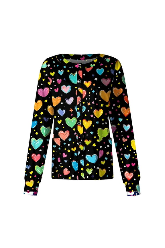 S-5XL Valentines Day Scrub Jackets for Women Plus Size Long Sleeve Snap Front Holiday Womens Scrub Top Love Heart Graphic Nurse Uniforms with Pocket