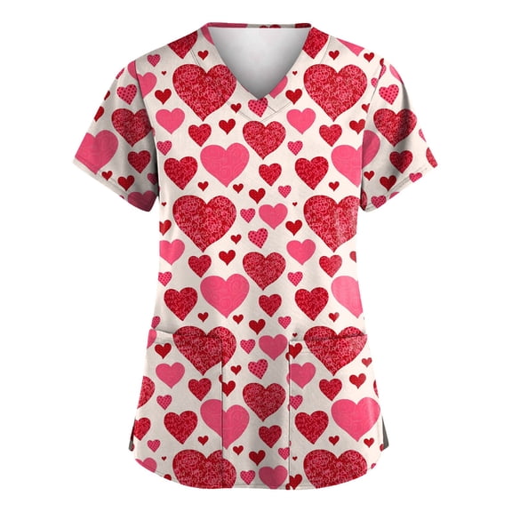 Hearthz S-5XL Valentines Day Scrub Tops Women Love Heart Graphic Scrub Top for Women V Neck Short Sleeve Nurse Uniforms with Pocket