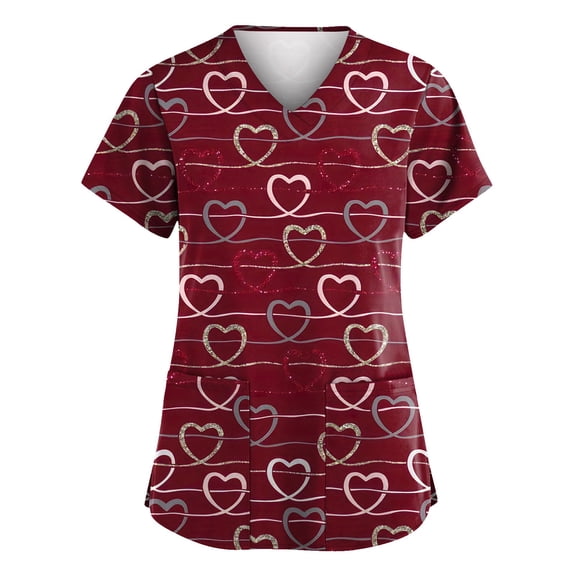 Hearthz S-5XL Valentines Day Scrub Tops Women Love Heart Graphic Women Scrubs Top V Neck Short Sleeve Nurses Working Uniforms with Pocket