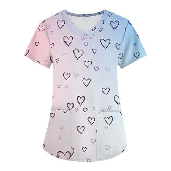 Hearthz S-5XL Valentines Day Scrubs Tops for Women Love Heart Graphic Womens Scrub Tops Printed V Neck Short Sleeve Nurses Working Uniforms with Pocket