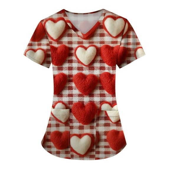 Hearthz S-5XL Valentines Day Scrubs Tops for Women Love Heart Graphic Scrub Top for Woman V Neck Short Sleeve Nurse Uniform with Pocket