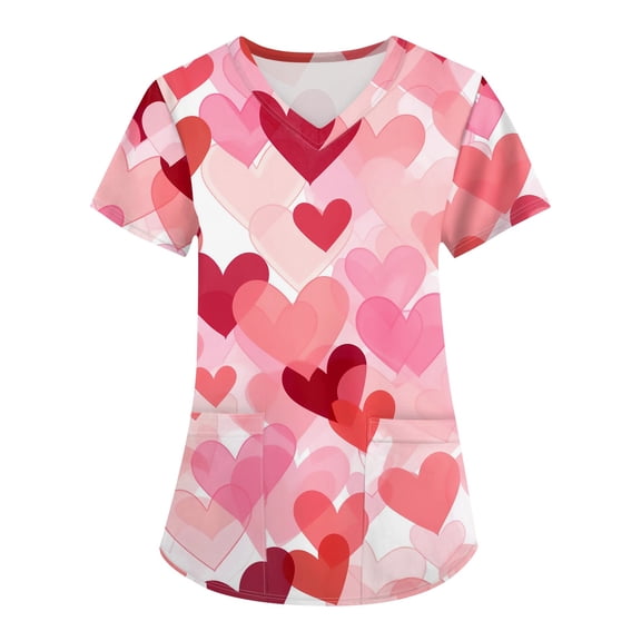 Hearthz S-5XL Valentines Day Scrubs Tops for Women Love Heart Graphic Scrub Top for Women V Neck Short Sleeve Nurse Uniform with Pocket