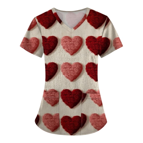 Hearthz S-5XL Valentines Day Scrubs Tops for Women Love Heart Graphic Scrubs Top V Neck Short Sleeve Nurse Uniforms with Pocket